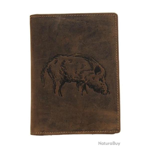Porte permis de chasse cuir motif sanglier