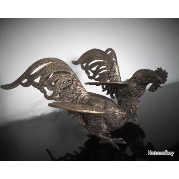 Paire de poule et coq en laiton dor�-D�coration de chemin�e-Objet d�coration du 20�me