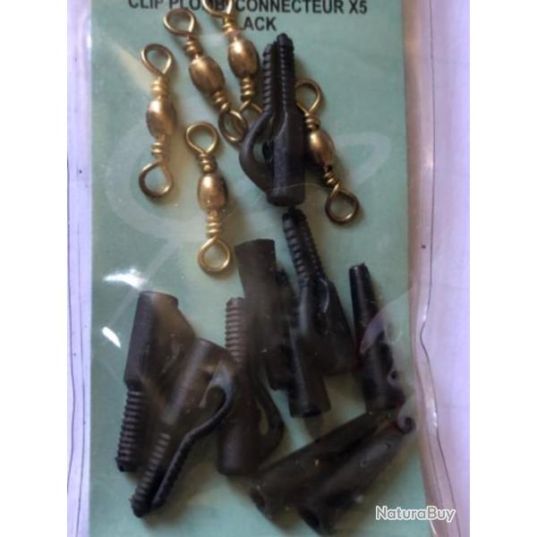 5 clip plomb + connecteur + �merillon laiton  peche carpe