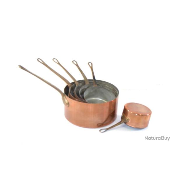 Batterie de casseroles de cuisine en cuivre rouge �tam�es. VESOUL METAUX OUVRES - 6 pi�ces. FRANCE