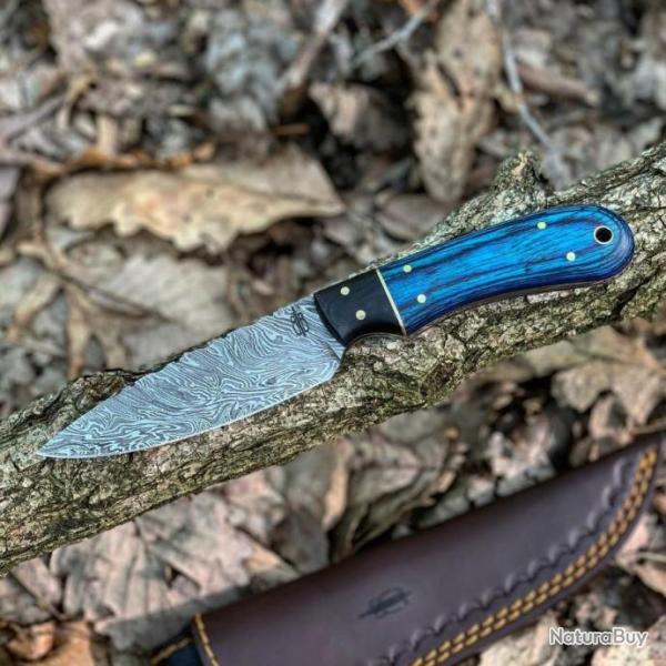 Couteau BuckNBear Utility Hunter Lame Acier Damas 256 Couches Manche Bois Blue Etui Cuir BNB142107B