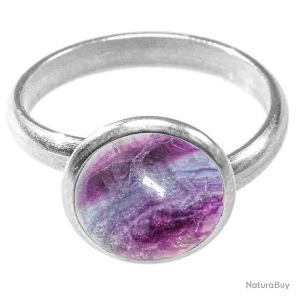 Bague argent�e avec cabochon rond en fluorite violette