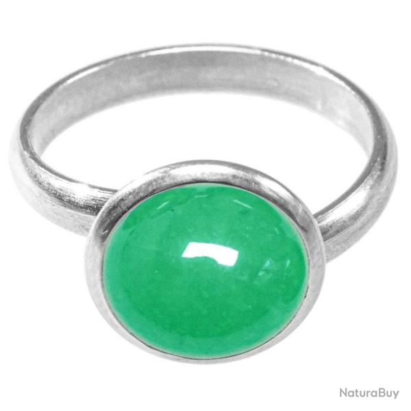 Bague argent�e avec cabochon rond en jade teint� vert