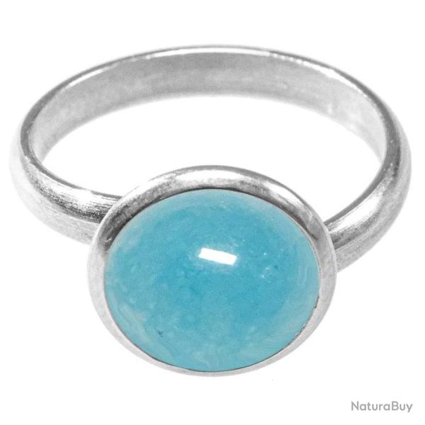 Bague argent�e avec cabochon rond en jade teint� bleu