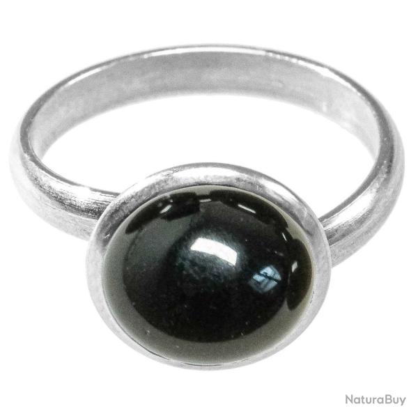 Bague argent�e avec cabochon rond en obsidienne noire