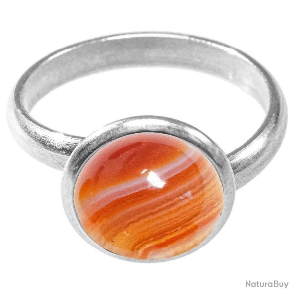 Bague argent�e avec cabochon rond en agate teint�e orange