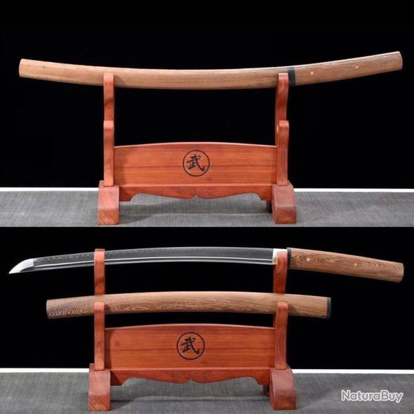 Wakisashi shirasaya T10. Bo-Hi. Katana avec vrai hamon - Saya en bois de Rose