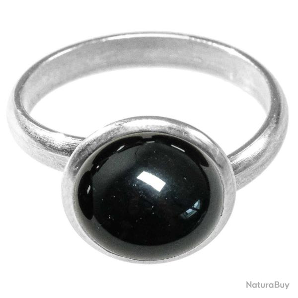 Bague argent�e avec cabochon rond en agate noire