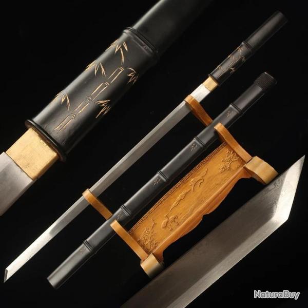 Ninjato Shirasaya Bambou - Sabre droit en Damas, forg� � la main avec certificat d'authenticit�