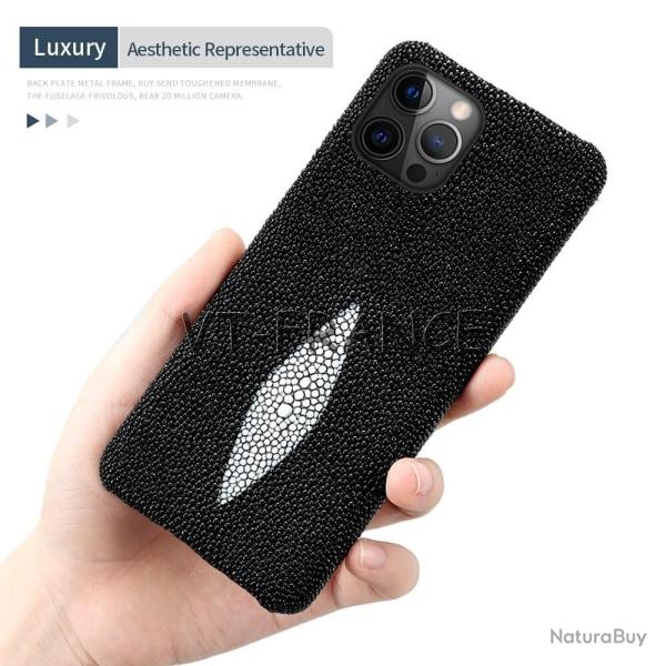Coque Luxe iPhone Cuir Raie Stingray Galuchat, Couleur: Au Choix, Smartphone: iPhone 14 Pro Max