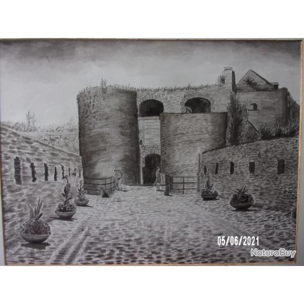 Vue du ch�teau de Bouillon Belgique au crayon