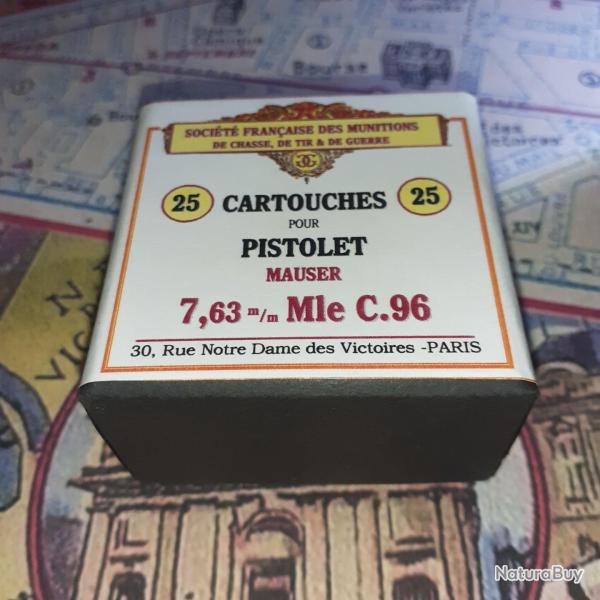 7,63mm Mauser C96 (St� Fran�aise des Munitions): Reproduction boite cartouches (vide) SFM 10813802