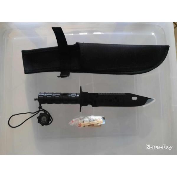 Couteau De Survie P�che Lame Acier Inox Boussole Hame�on Fil de P�che Alumettes etc Etui Nylon