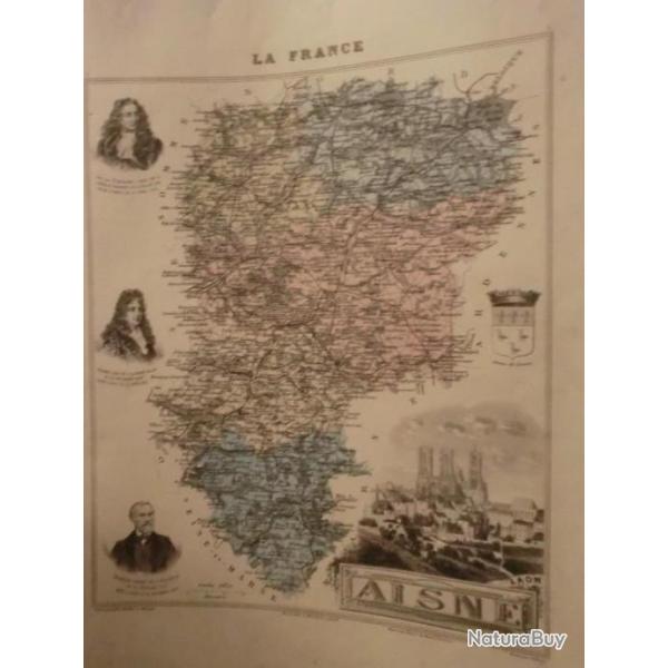 carte geographique  aisne  periode  1888