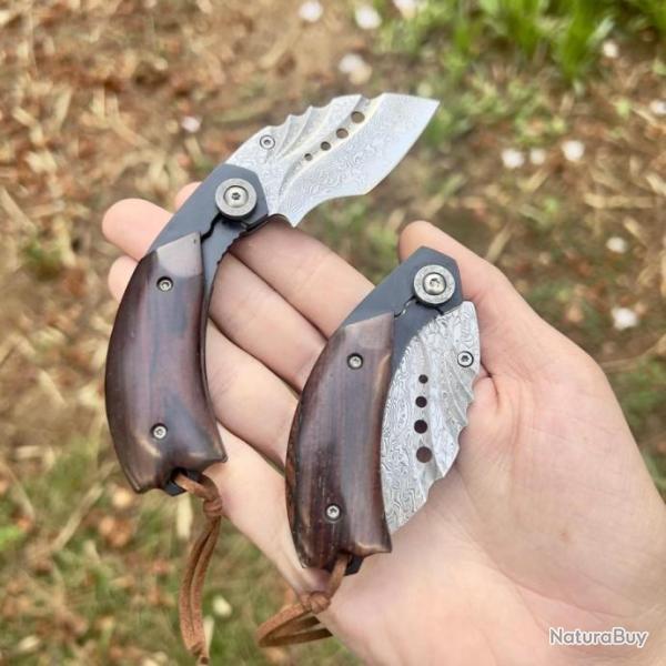Couteau pliant karambit artisanal lame acier damas inox griffe custom collection