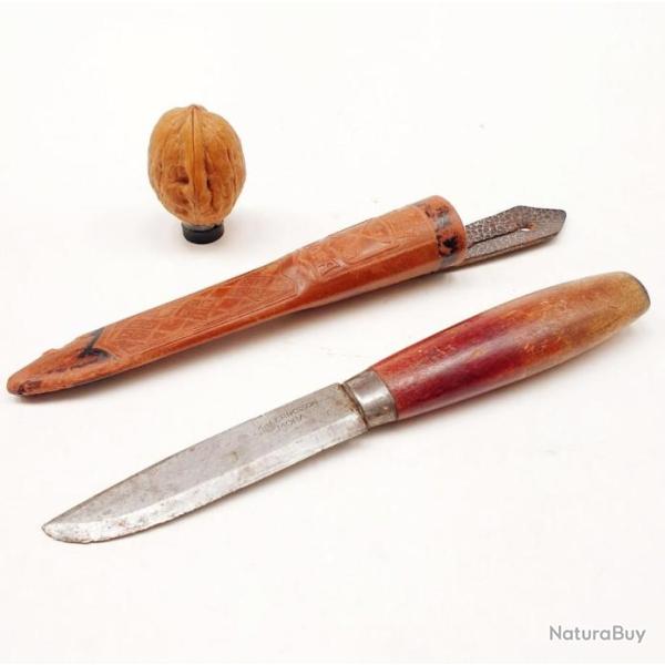 Couteau puukko MORA K. J. Eriksson Sweden dans son tui en cuir d'origine chasse et pche