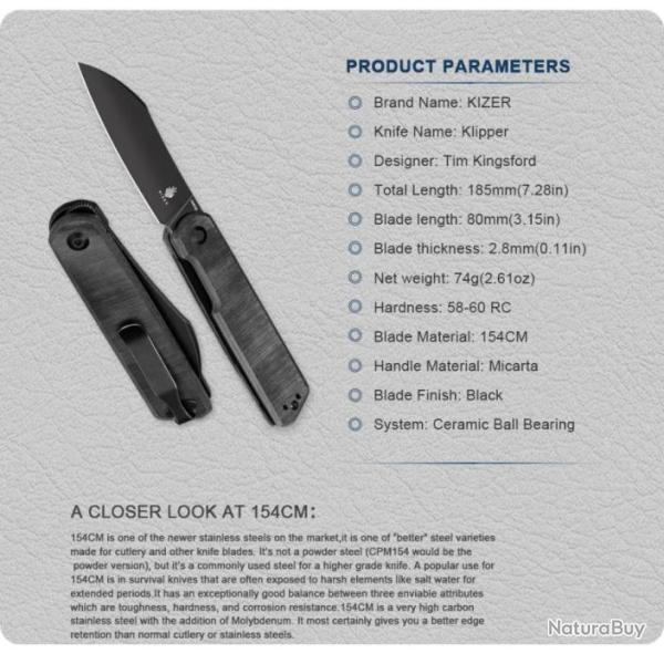 Couteau Kizer Cutlery Klipper Black Lame Acier 154CM Manche Micarta IKBS Linerlock Clip KIV3580C2 -