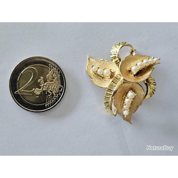 Belle broche ancienne en or massif 18 carats et perles - fleur - accessoire sac