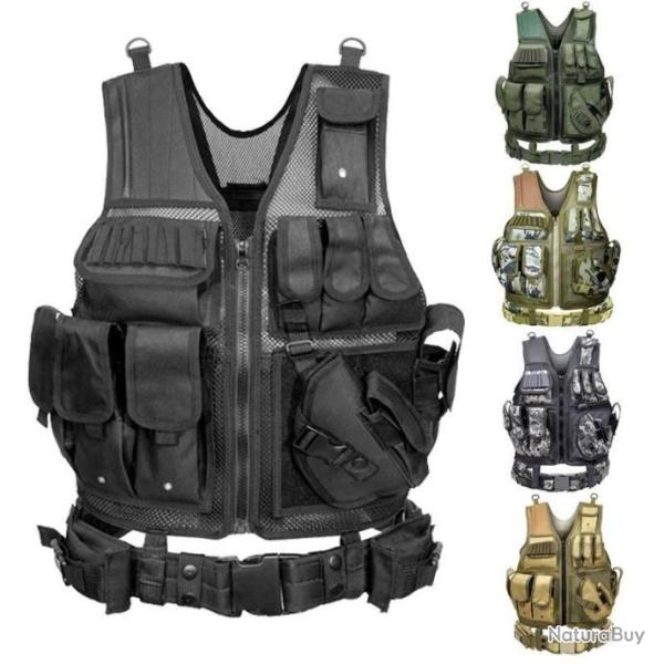 Gilet Tactique de Combat avec Ceinture Incluse Holster Porte Chargeur Talkie Walkie