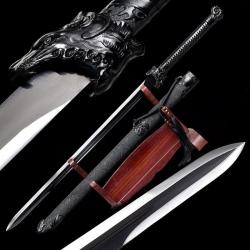 Ep&eacute;e chinoise, lame en acier T10 noir et motif t&ecirc;te de tigre