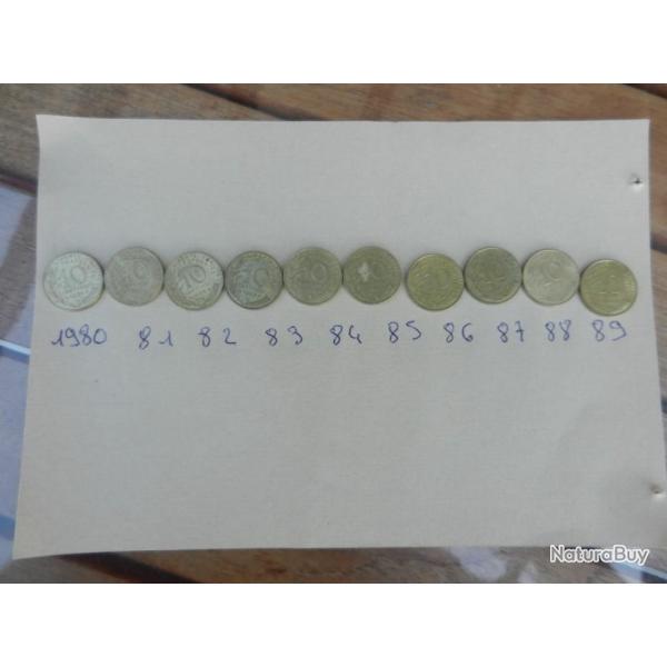 lot de 10 pi�ces de monnaie de 10 centimes de francs 1980 � 1989