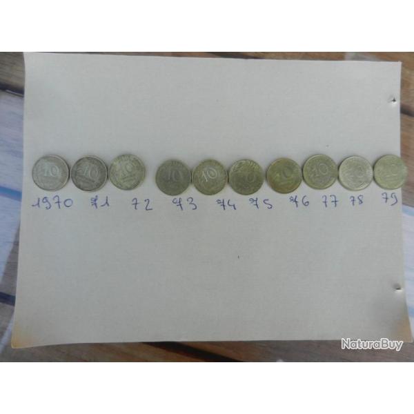 lotde 10 pi�ces de monnaie de 10 centimes de francs 1970 � 1979