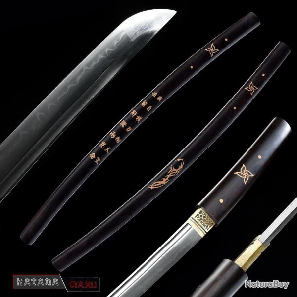 Wakizashi en �b�ne, Acier T10 forg�e � la main et polie selon 11 proc�dures, durcie � l'argile, trem