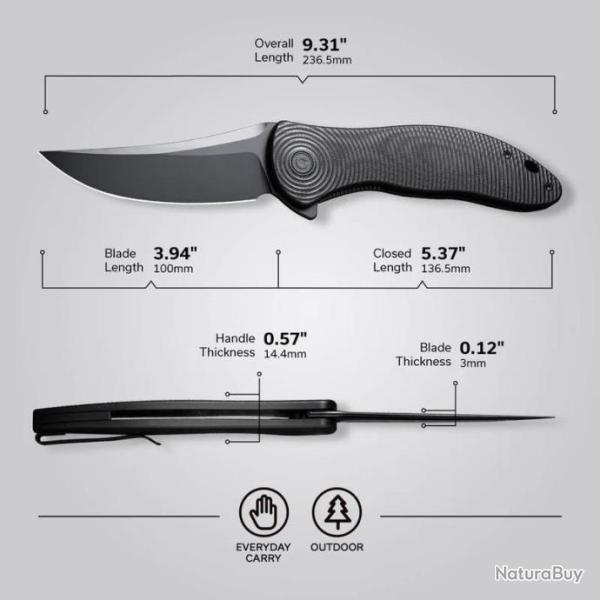 Couteau CIVIVI Synergy 4 Black Lame Acier Nitro-V Trailing Point Manche G10 IKBS Clip CIVC21018A1