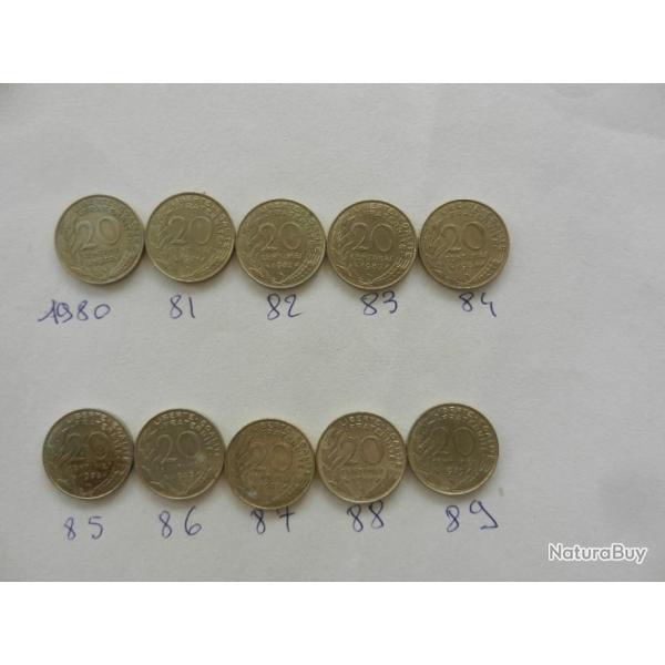 lot de 10 pi�ces de monnaie de 20 centimes de francs 1980 � 1989
