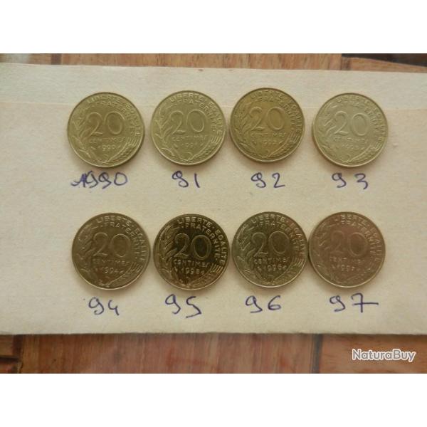 lot de 8 pi�ces de monnaie de 20 centimes de francs 1990 � 1997