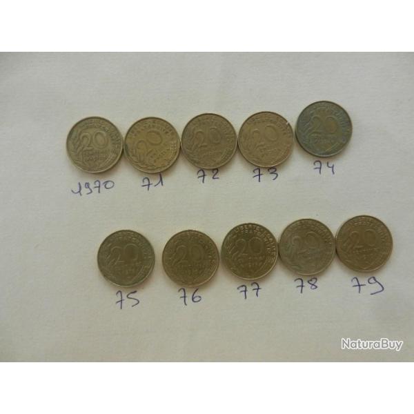 lot de 10 pi�ces de monnaie de 20 centimes de francs 1970 � 1979