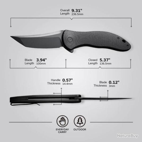 Couteau CIVIVI Synergy 4 Black Lame Acier Nitro-V Tanto Manche G10 Liner Lock IKBS Clip CIVC21018B1