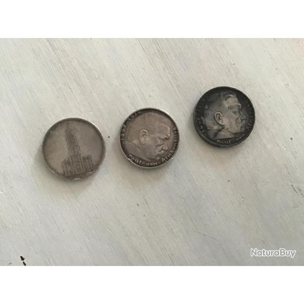 Monnaie Allemande epoque 1934/1936/1939    3pieces de 5 Deutsche Mark Argent