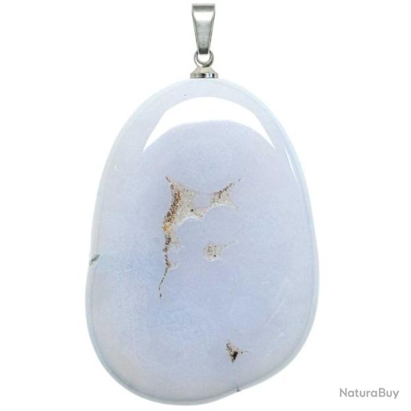 Pendentif galet plat en calcdoine bleue