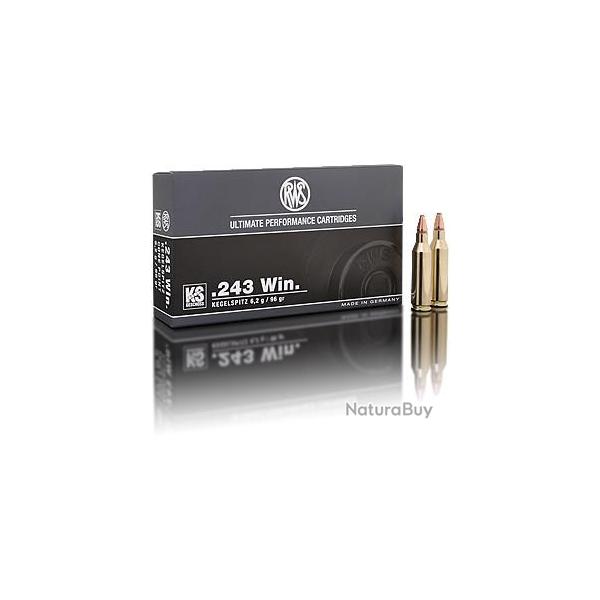 Munitions RWS calibre 243 Win KS Pointe Conique 36gr - 2.3g x20