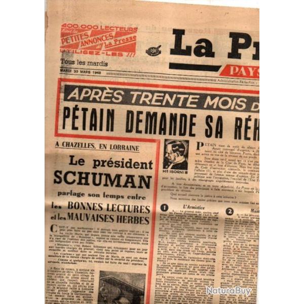 mar�chal p�tain journal la presse 30 mars 1948 p�tain demande sa r�habilitation, journal authentique