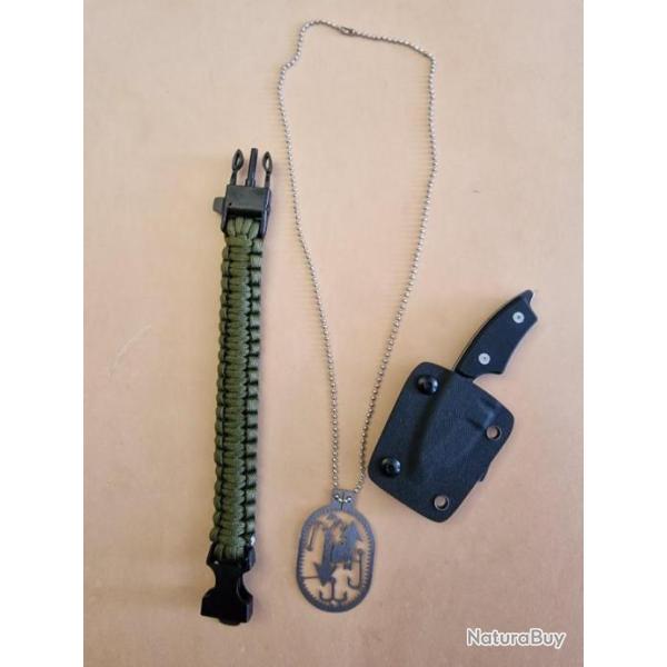 Lot bracelet paracorde vert + couteau EDC + pendentif de survie