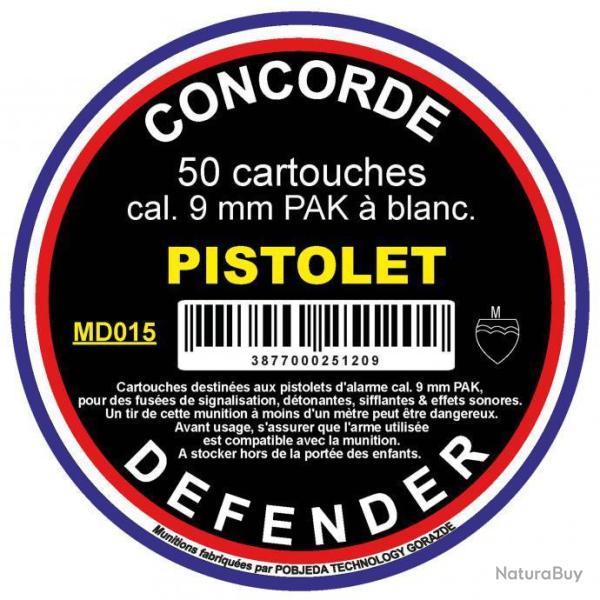 100 Cartouhces 2 Bo�te de 50 cartouches cal. 9 mm PAK � Blanc - Concorde Defender - Destock'Defense
