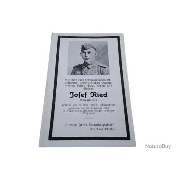 Avis d�c�s d'un Obergefreiter le 26/12/1945 dans un camp de prisonniers russe