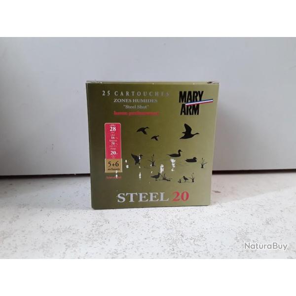 1 BOITE DE 25 CARTOUCHES ACIER MARY ARM STEEL20 CALIBRE 28 CH70 20G PLOMBS 5+6  ET 7+8