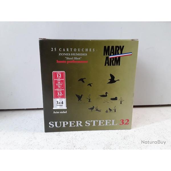 9931B  LOT DE 50 CARTOUCHES ACIER MARY ARM SUPER STEEL 32 CAL12 CH70 32G PLOMBS 3+4 NEUF