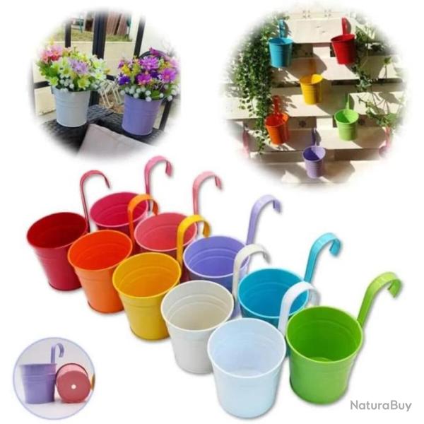Lot de 10 Pots de Fleurs m�tal � Suspendre + Trou de Drainage Crochet Amovible