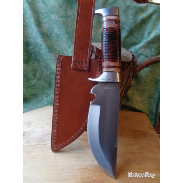 Gros Couteau de Chasse Bowie Lame Acier Carbone Manche Os Etui Cuir RR2005 Z