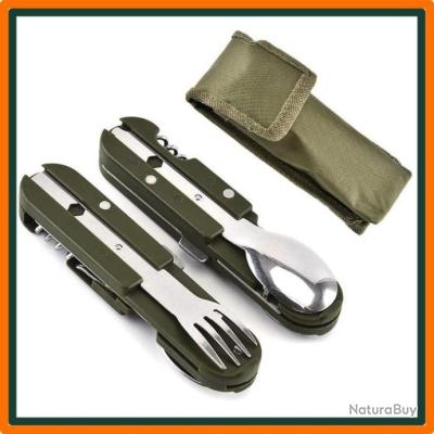 Couverts Pliants 6 En 1 – Acier Inoxydable, Fourchette Cuillère Couteau, Pour Camping
