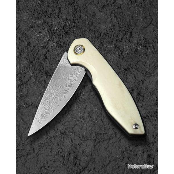 Couteau Bestech Bambi Lame Damas Lame Drop Point Polished Manche Ox Bone Linerlock Etui Cuir BTKL08C