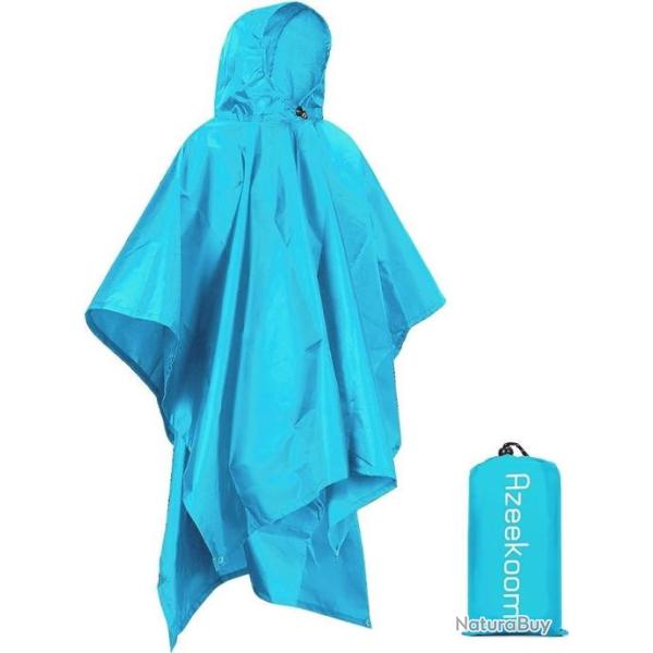 Poncho de Pluie Multifonctions Impermable avec Capuche pour Randonne Camping Voyage Cyclisme Bleu