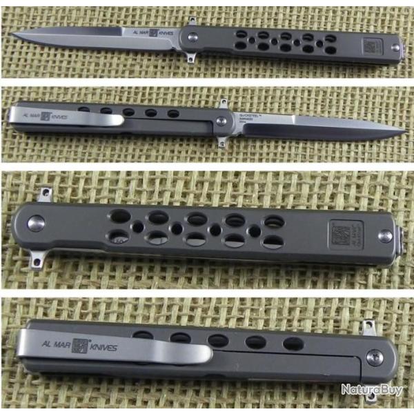 Couteau Al Mar Quicksteel Ultralight Lame Acier D2 Satin Talon Manche Acier Framelock Clip AMK4051