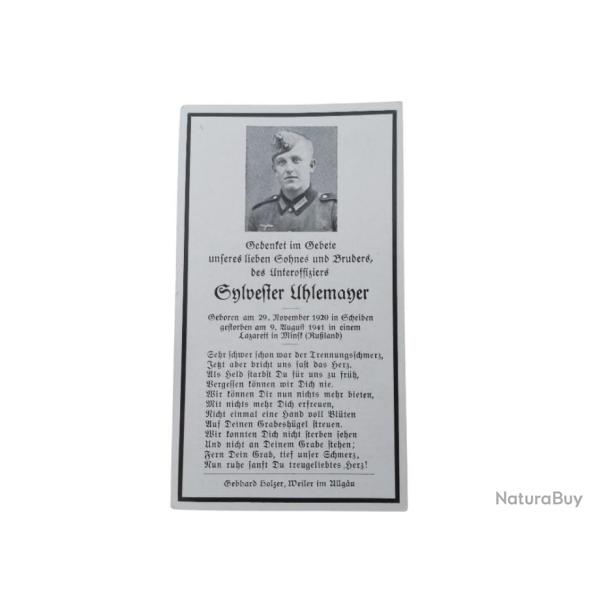 Avis de d�c�s d'un soldat d'infanterie  le 9/8/1941 dans un h�pital militaire  en Russie   END