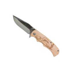 Couteau de poche lame acier inox 8,8cm manche bois grav&eacute; chasse
