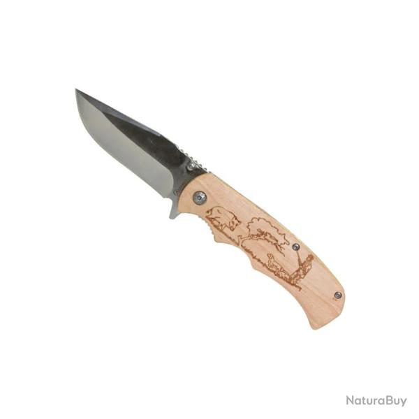 Couteau de poche lame acier inox 8,8cm manche bois grav� chasse